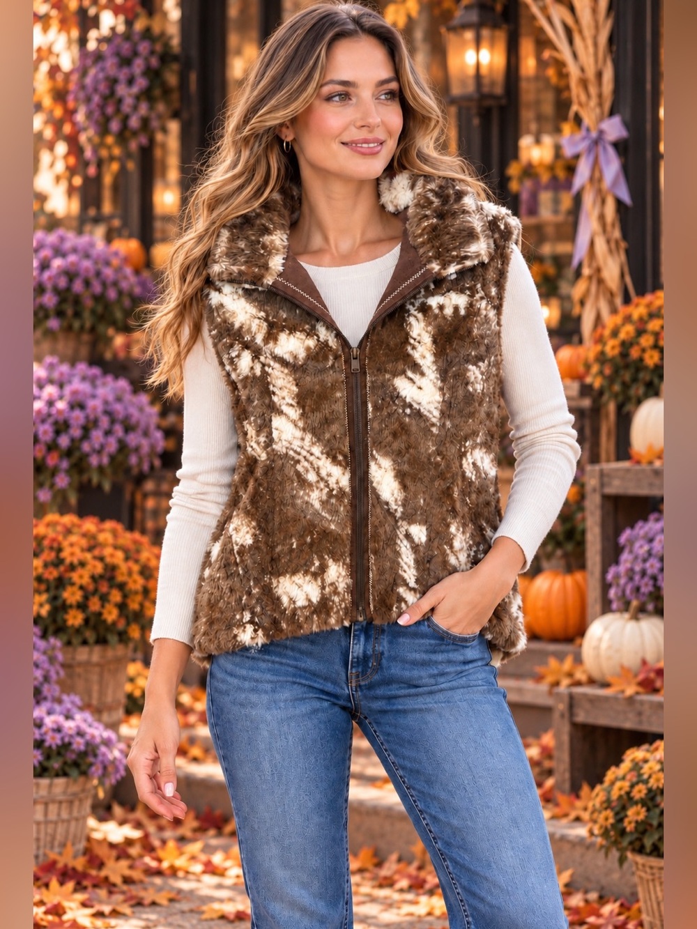 Ariat Faux Fur Brown Cow Print Zip Western Chalet Reversible vest size large